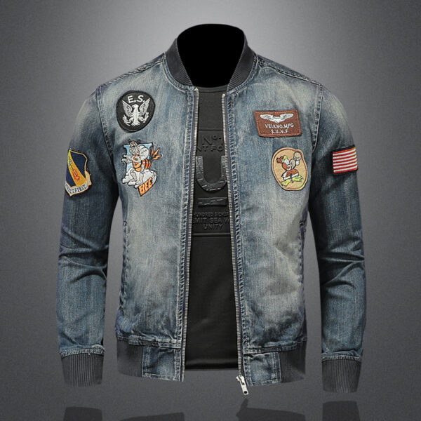 2022 Spring Fall New Fashion Casual Men's Embroidered Badge Stand Collar Zipper Slim Hip Hop Long Sleeve Men's Denim Jacket 1