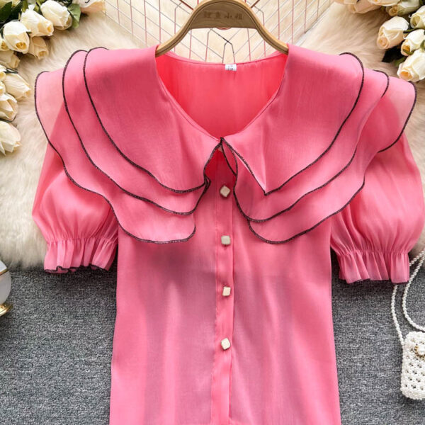 SINGREINY Ruffled Korean Style Women Blouse 2022 Summer Casual Fashion Vacation Solid Single Breasted Ladies Slim Tops 1