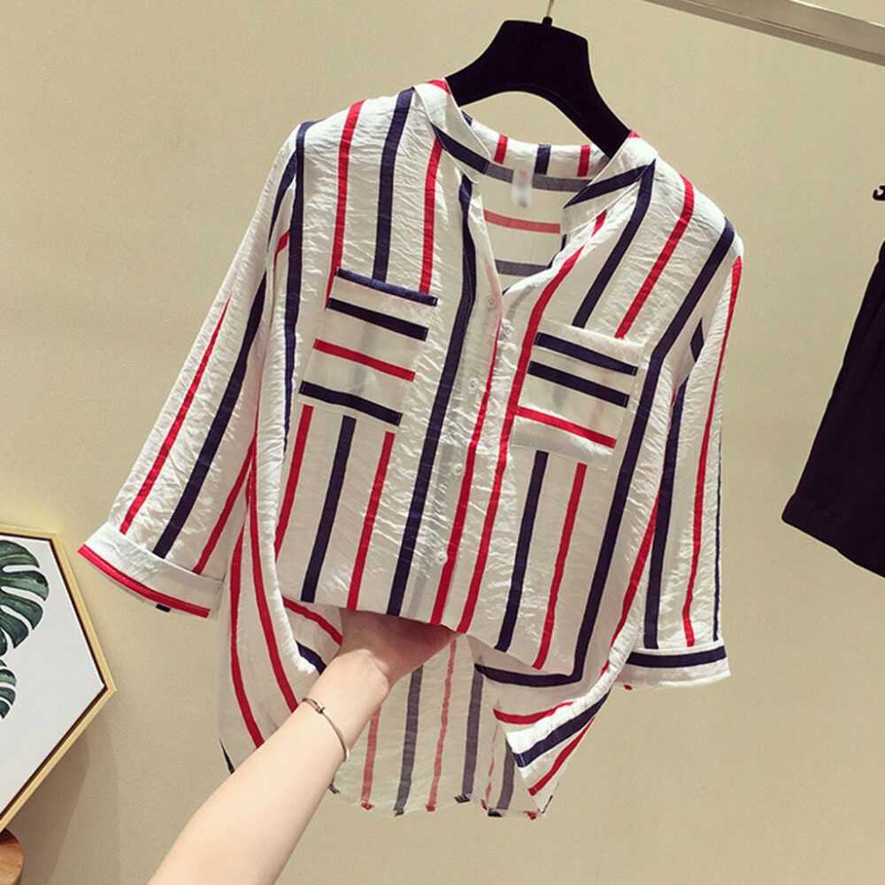 Striped Shirts Women Ladies Tops Half Sleeve V-neck Loose Top Button Shirts Blouses Blusas De Mujer Blouse Women Camisa Femenina 1