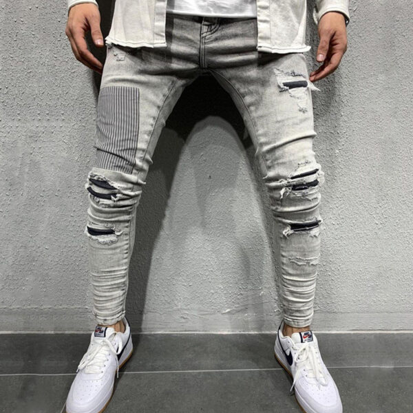 Autumn Men's Jeans Korean Style Patch Frayed Stretch Cowboys Trousers Male Casual Small Feet Slim Fit Denim Pants Pencil Pants 1